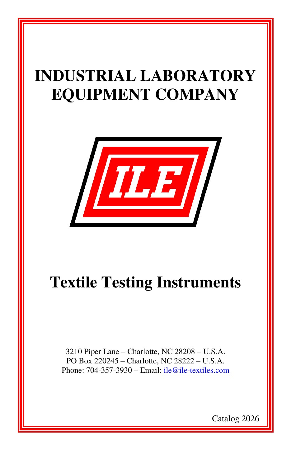 Cover of the ILE 2026 Catalog of textile testing instruments